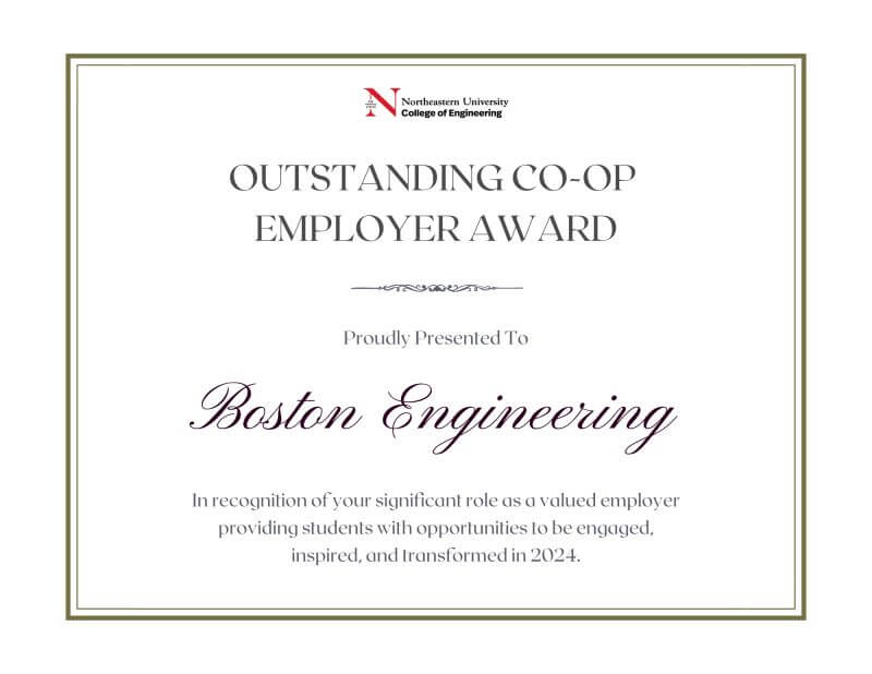 Boston Engineering Receives Northeastern University's Co-op Employer Award